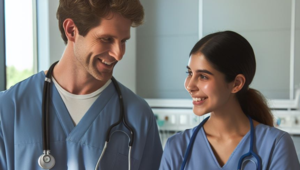 Das Bild zeigt einen männlichen und eine weibliche Pflegekraft