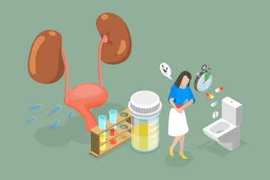 Illustration der Urogenitalsystems und einer Frau mit Kontinenzproblemen